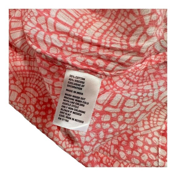 Crown & Ivy Women sz L Petite  Coral Top Blouse Tie Collar Neck Crochet Detail - Picture 4 of 15